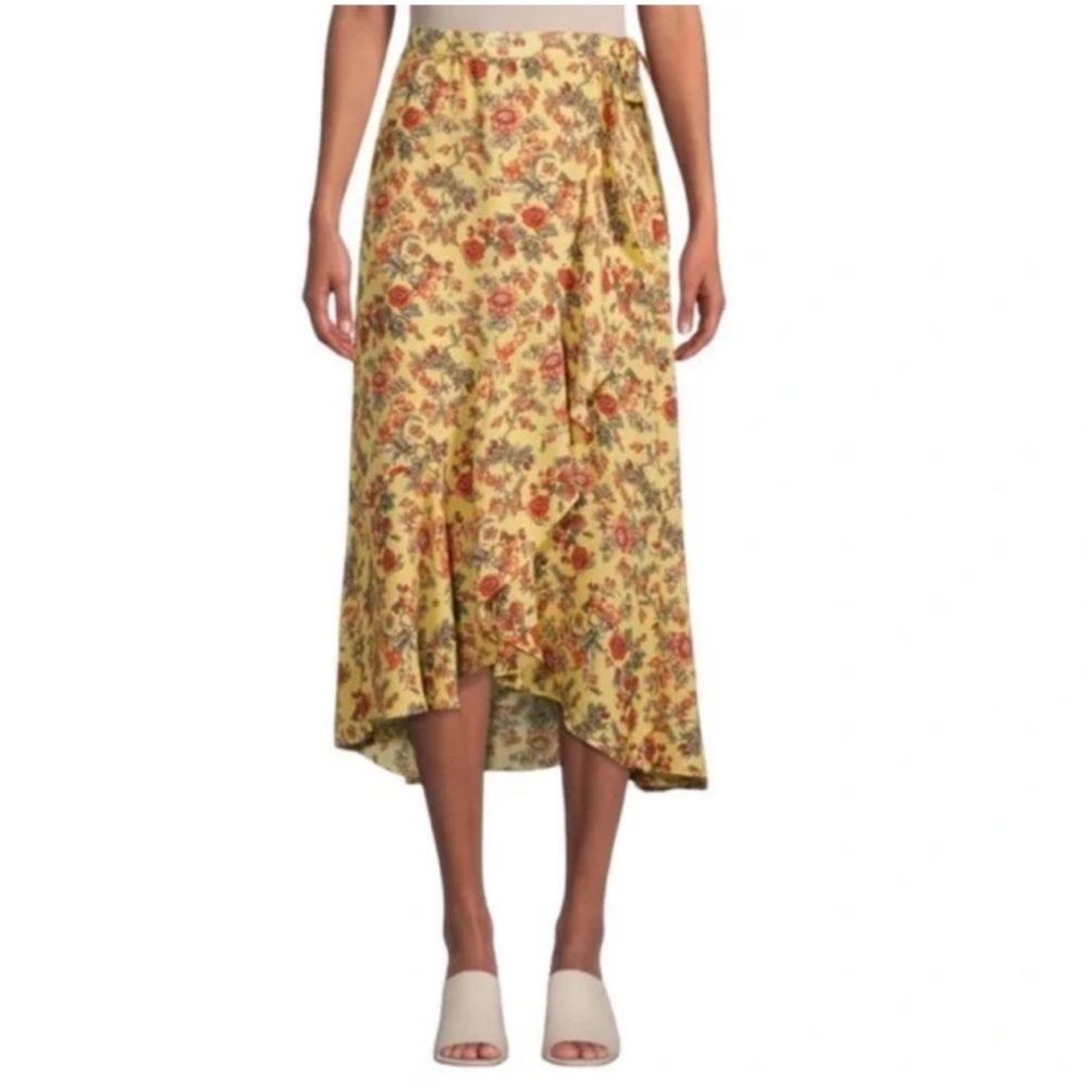 Max Studio floral bohemian golden yellow faux wrap ruffle hem skirt size small